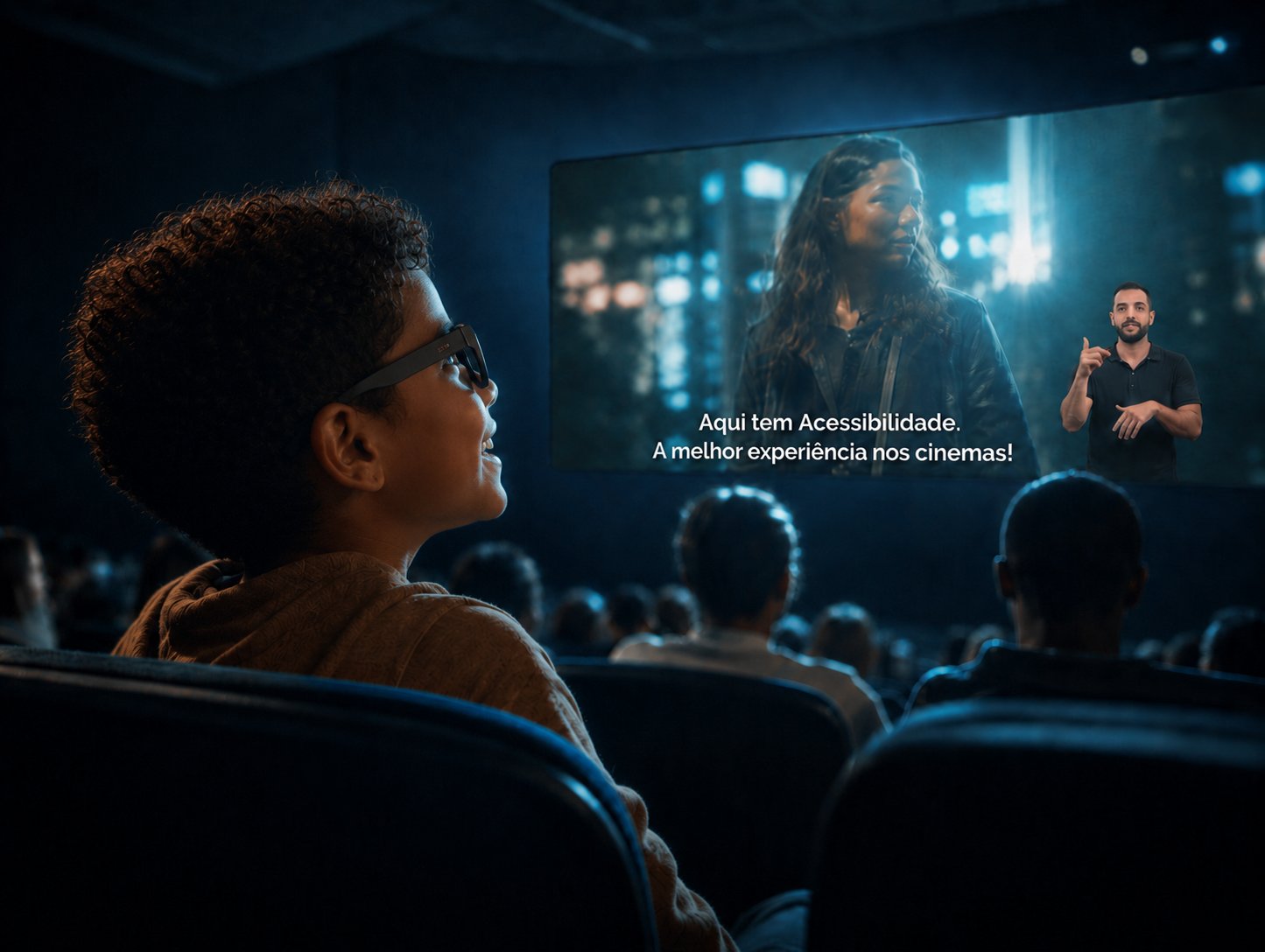 Pessoa imersa no filme no cinema, expressão de quem vive a história — sem celular na mão