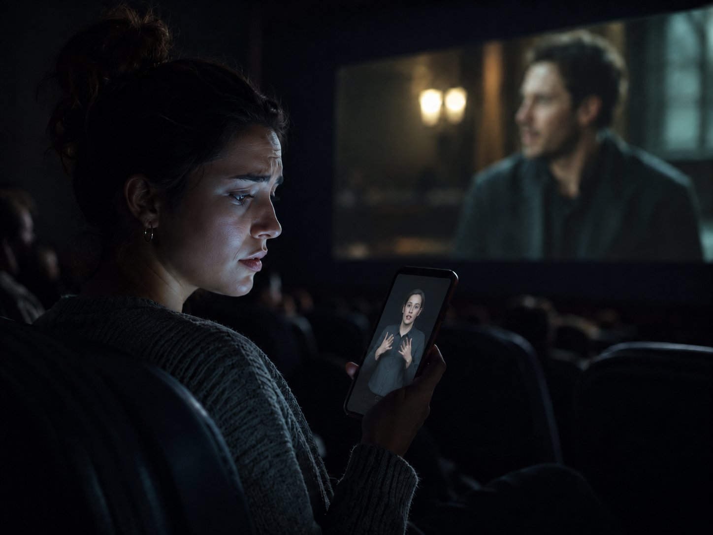 No cinema, atenção dividida — rosto iluminado pela luz do celular enquanto o filme passa ao fundo