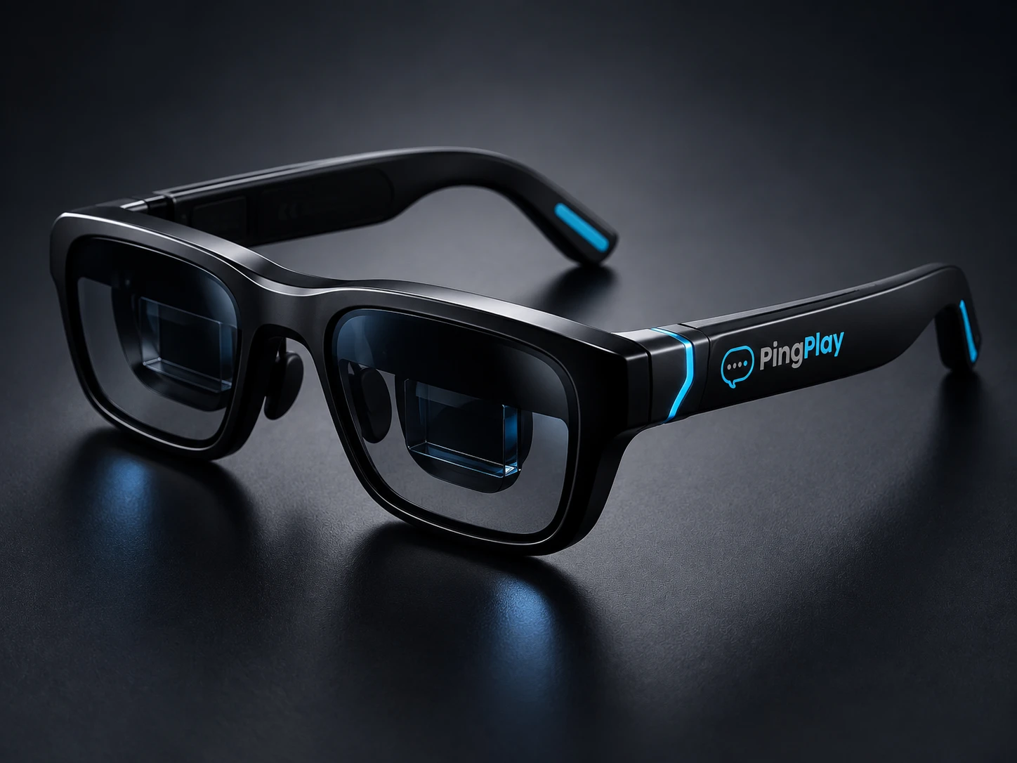 Os óculos PingPlay — armação preta com detalhes em azul e o logo PingPlay na haste, sobre fundo escuro